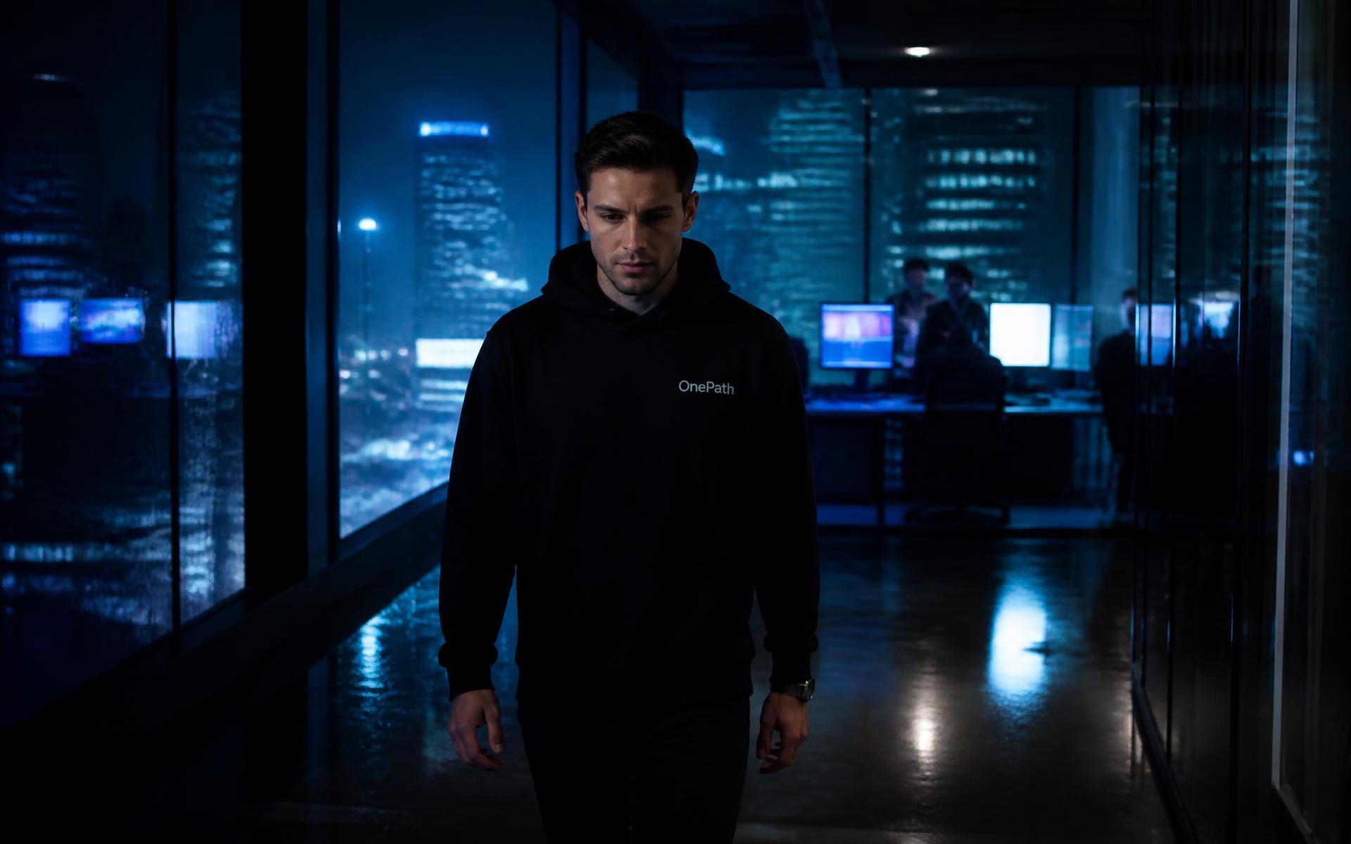 A OnePath partner walking through a night office toward the camera